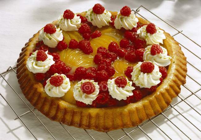 Raspberry and peach flan over wire rack — Stock Photo