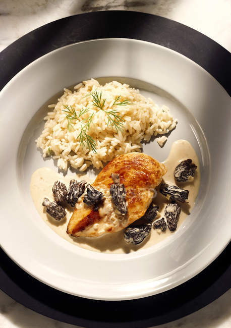 Chicken breast with morel cream on white plate — Stock Photo