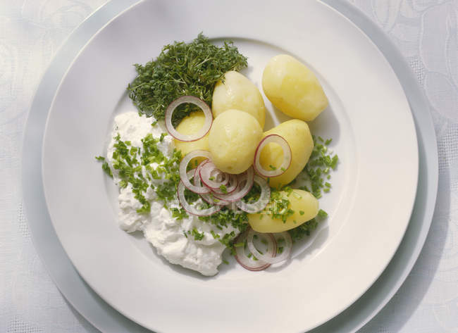 Boiled potatoes with herb curd — Stock Photo