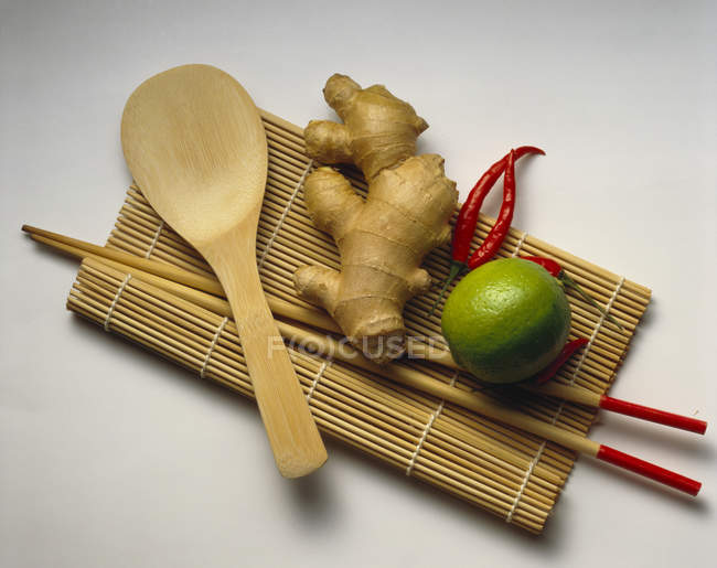 Ginger and chilies with Chopsticks — Stock Photo