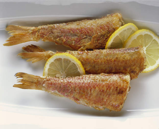 Roasted red mullets with lemon slices — Stock Photo