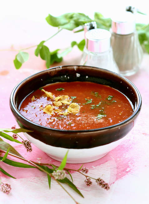 Sopa de tomate en un bol marrón - foto de stock
