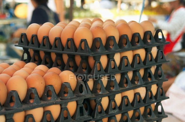 Mehrere Kisten mit Eiern — Stockfoto