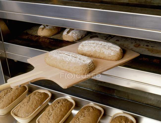 Loaves of bread on wooden board — Stock Photo