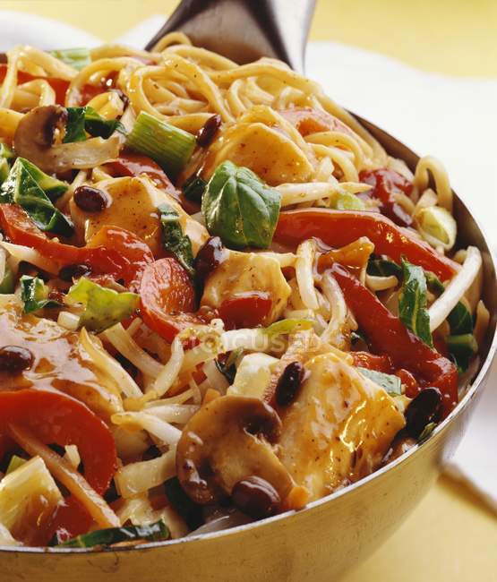 Stir-fried chicken with noodles — Stock Photo
