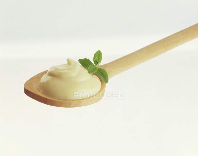 Vue rapprochée de mayonnaise avec herbe sur cuillère en bois — Photo de stock