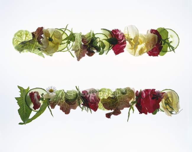 Feuilles de salade aux fleurs de prairie — Photo de stock