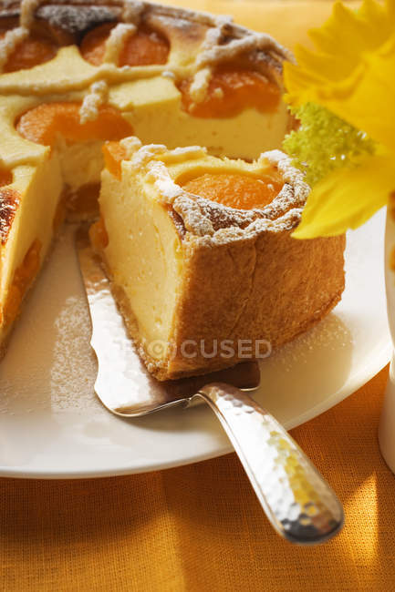 Piece of apricot cheesecake — Stock Photo