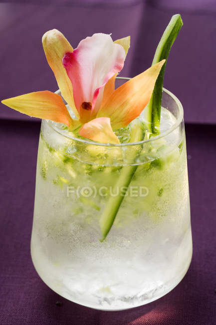 Bebida de pepino refrescante com flor sobre a superfície roxa — Fotografia de Stock