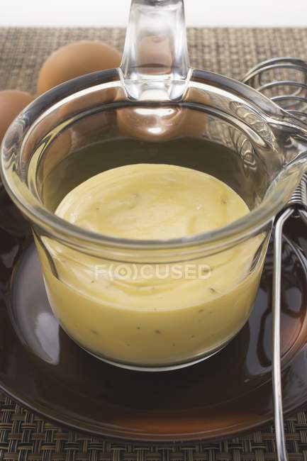 Closeup view of mayonnaise in a small glass pan — Stock Photo