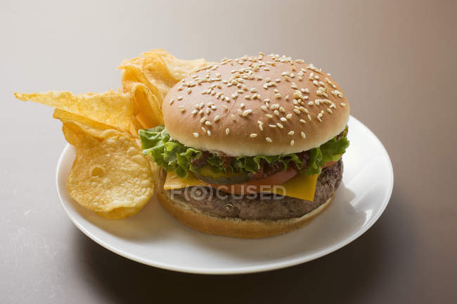 Cheeseburger mit Chips — Stockfoto