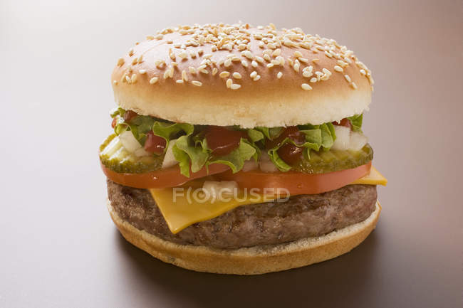 Hambúrguer de queijo com tomate e pepinos — Fotografia de Stock