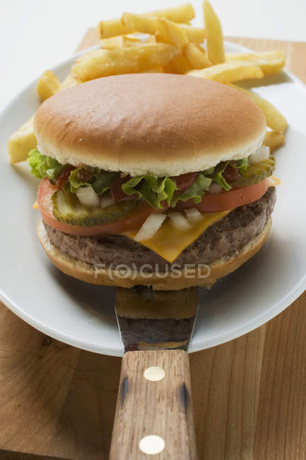 Cheeseburger con patatine sul piatto — Foto stock