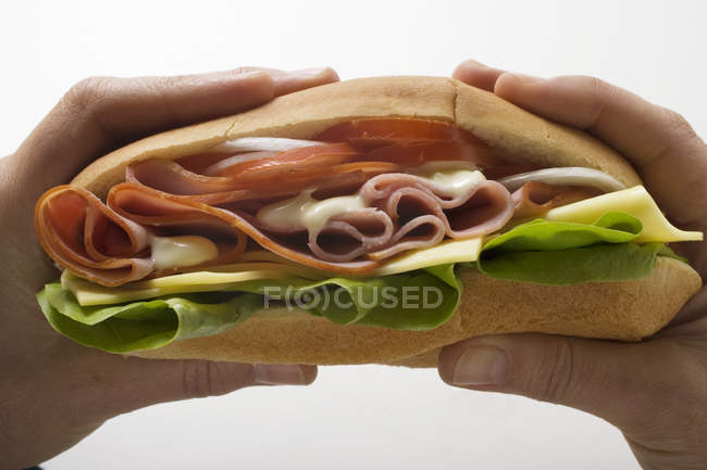 Mãos segurando sanduíche — Fotografia de Stock