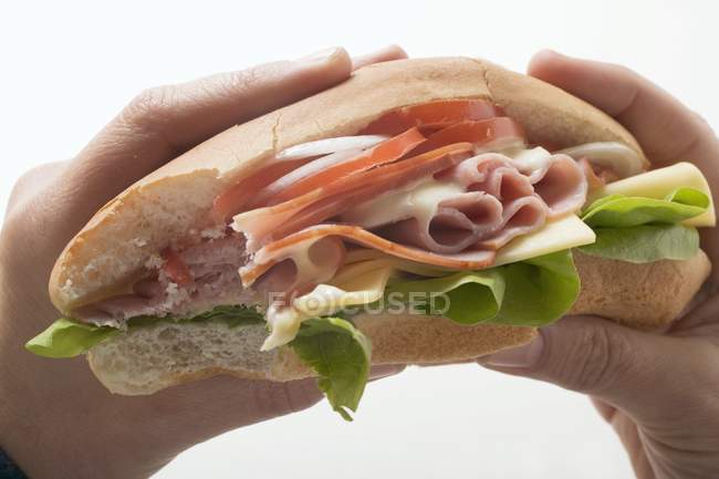 Mãos segurando sanduíche — Fotografia de Stock