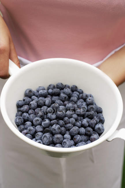 Woman holding pan of blueberries — Stock Photo