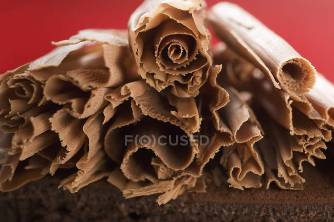 Шоколадні локони на шоколадному торті — стокове фото
