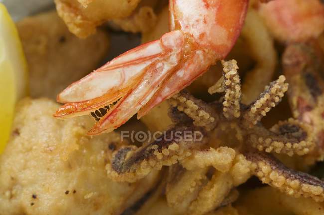 Vista close-up de vieiras fritas, polvo e cauda de camarão — Fotografia de Stock