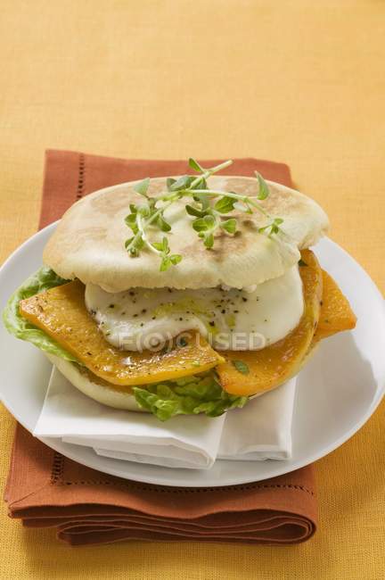 Sandwich de calabaza y mozzarella en plato blanco con toallas sobre superficie naranja - foto de stock