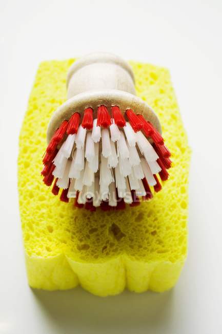 Closeup view of yellow sponge and brush — Stock Photo