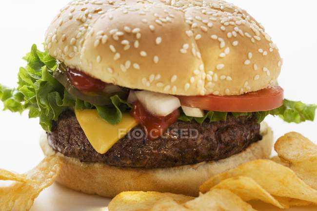Cheeseburger with fried potato crisps — Stock Photo