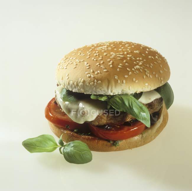 Hamburger con foglie di basilico — Foto stock