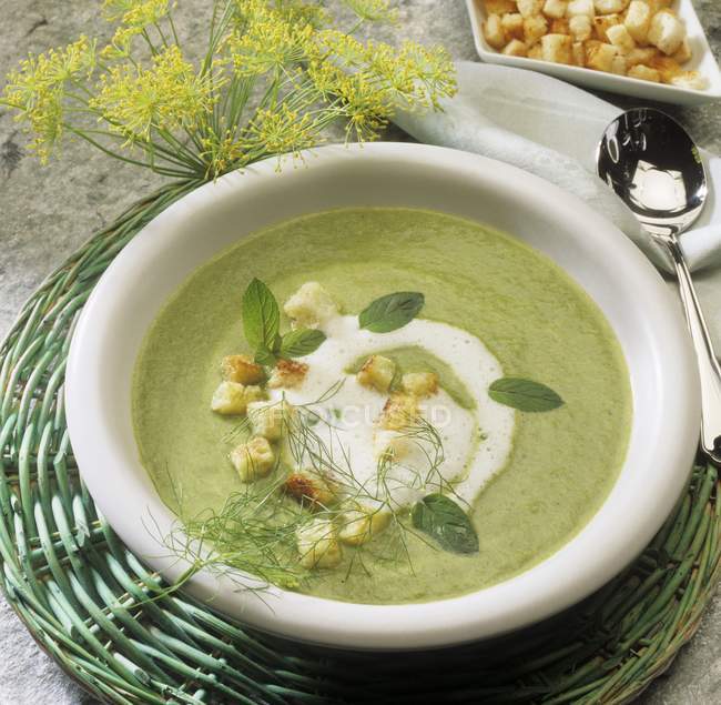 Vegetable cream soup with sour cream — Stock Photo