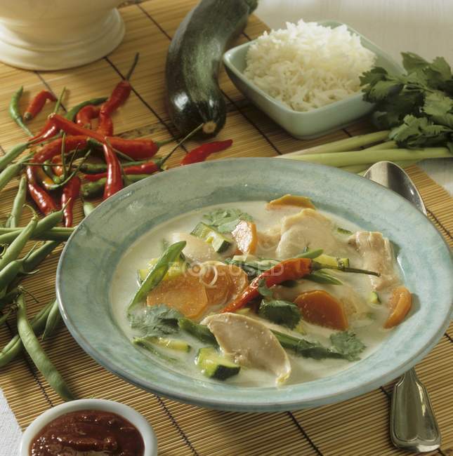 Soupe de poulet aux légumes et piment — Photo de stock