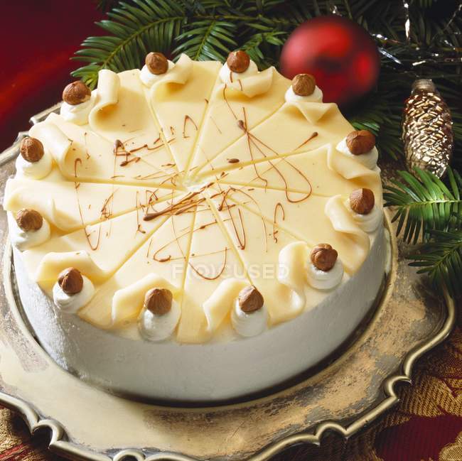 Nut cake with fir branches behind — Stock Photo