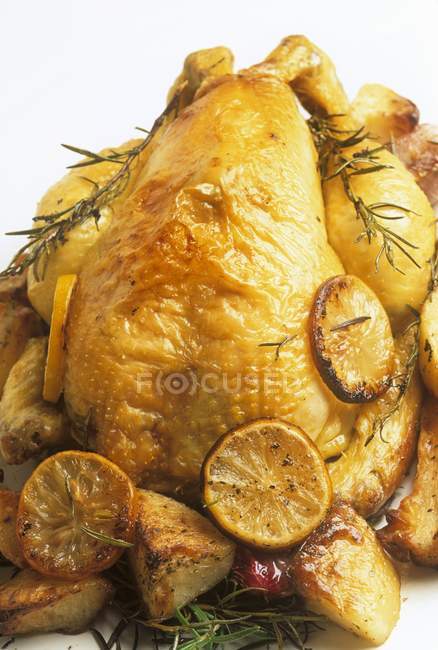 Целую жареную курицу с ломтиками лимона — стоковое фото