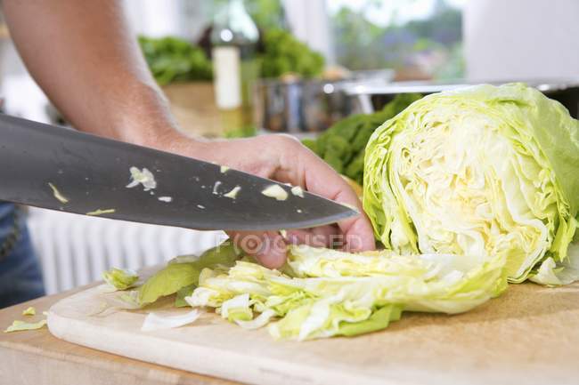 Cutting iceberg lettuce — Stock Photo