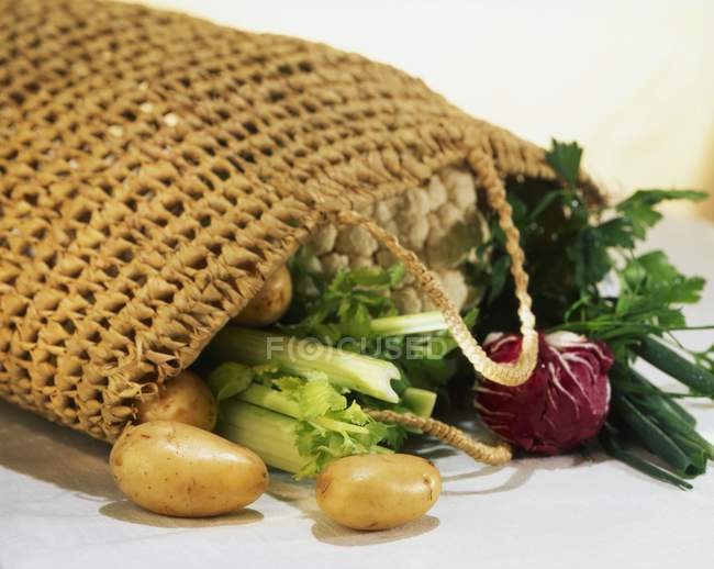 Свежие овощи в мешке на белой поверхности — стоковое фото