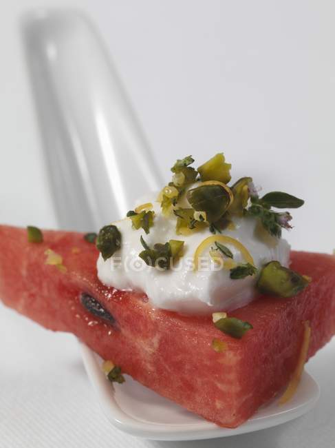 Watermelon with fresh goat cheese — Stock Photo