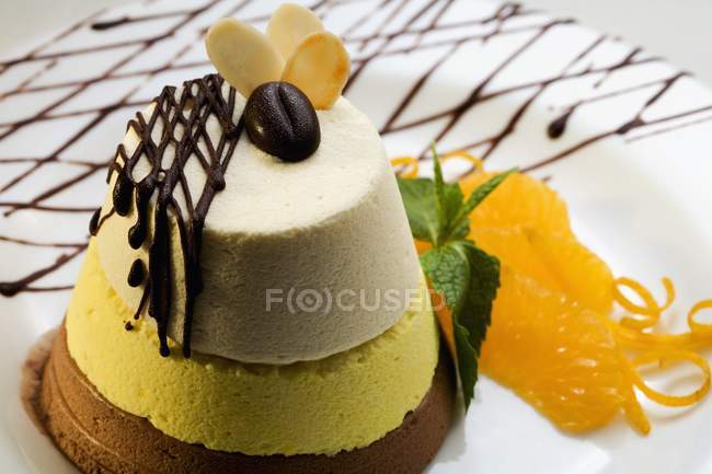 Mousse cake with chocolate decoration — Stock Photo