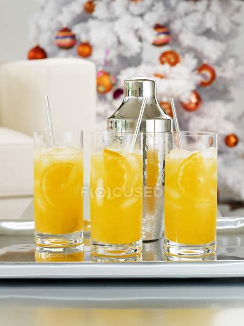 Closeup view of Tangerine Cloud with shaker, Christmas tree on background — Stock Photo