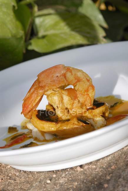 Closeup view of king prawn on grilled cashew apple with sauces — Stock Photo