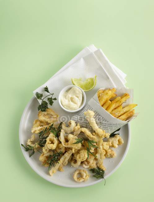 Calamari fritti con coriandolo e patatine fritte — Foto stock