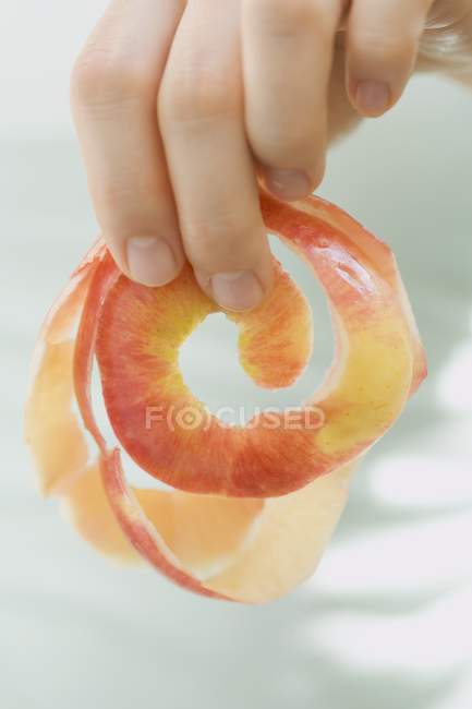 Female Hand holding apple peel — Stock Photo