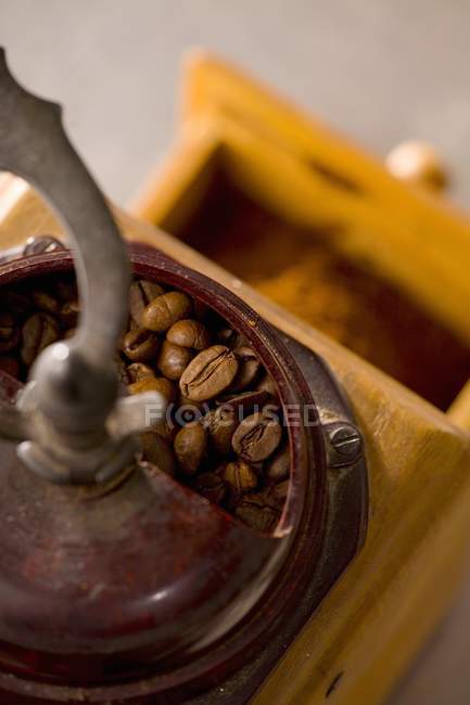 Old coffee mill with beans — Stock Photo