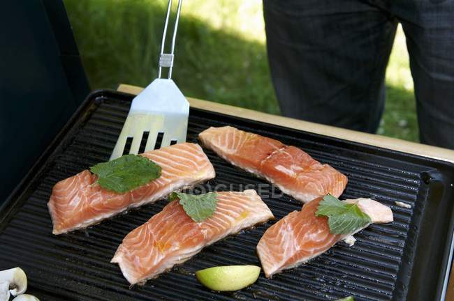 Fresh Salmon fillets on grill — Stock Photo