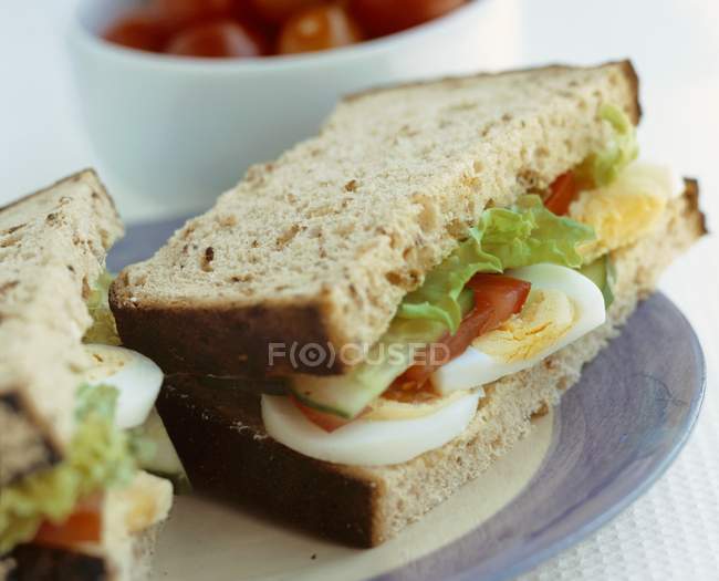 Варене яйце і бутерброд з салатом у хлібі на тарілці над білою поверхнею — стокове фото