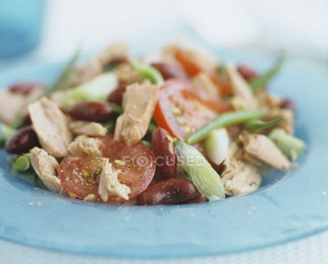 Vue rapprochée de la salade de thon et de tomates avec haricots et ciboulette — Photo de stock