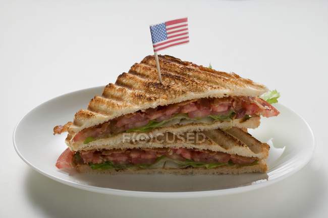 Vue rapprochée de deux sandwichs grillés avec drapeau américain — Photo de stock