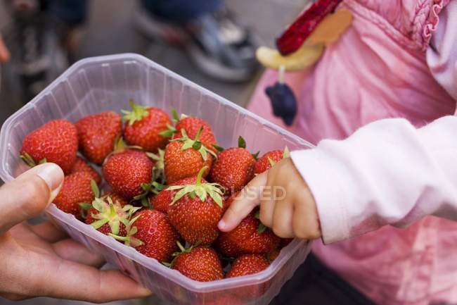Childs hand pointing in strawberries — Stock Photo