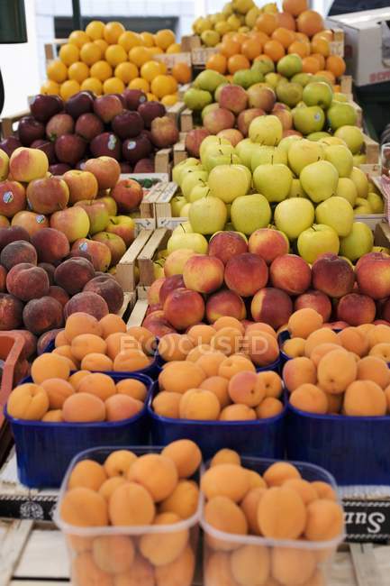 Puesto de frutas en el mercado de agricultores - foto de stock