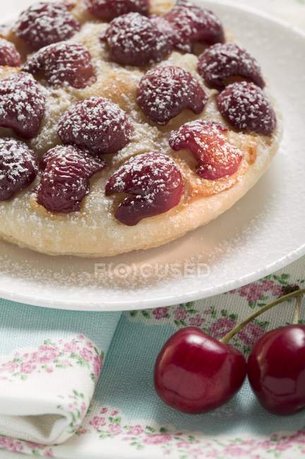 Kirschtorte mit Puderzucker und Pudding — Stockfoto