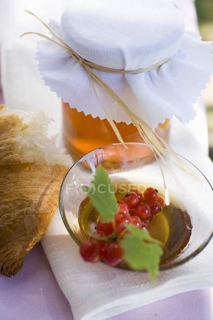 Honig in Schale und rohe rote Johannisbeeren — Stockfoto