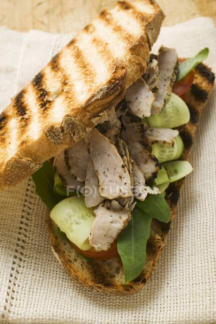 Grilled bread with turkey, cucumber and tomato on textile towel — Stock Photo