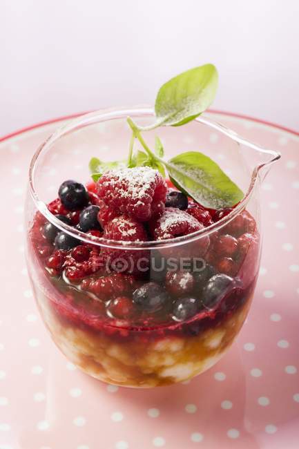 Closeup view of berry dessert with icing sugar — Stock Photo