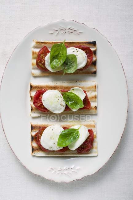 Tomato and mozzarella toasts with basil — Stock Photo